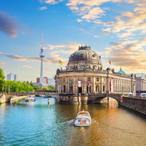 Museum Island and the bridge over the river Spree, beautiful panorama of Berlin, Germany.